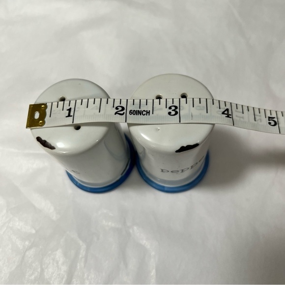 Vintage Look Ceramic Salt & Pepper Shakers White with Black Lettering & Blue Rim - Picture 3 of 7